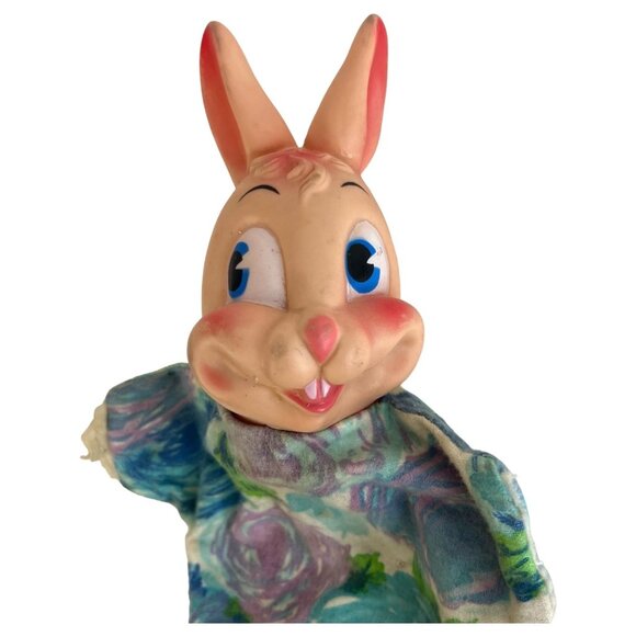 Vintage My Toy Bunny Rabbit Hand Puppet Rubber Head Floral Cloth Body Toy - Picture 2 of 4